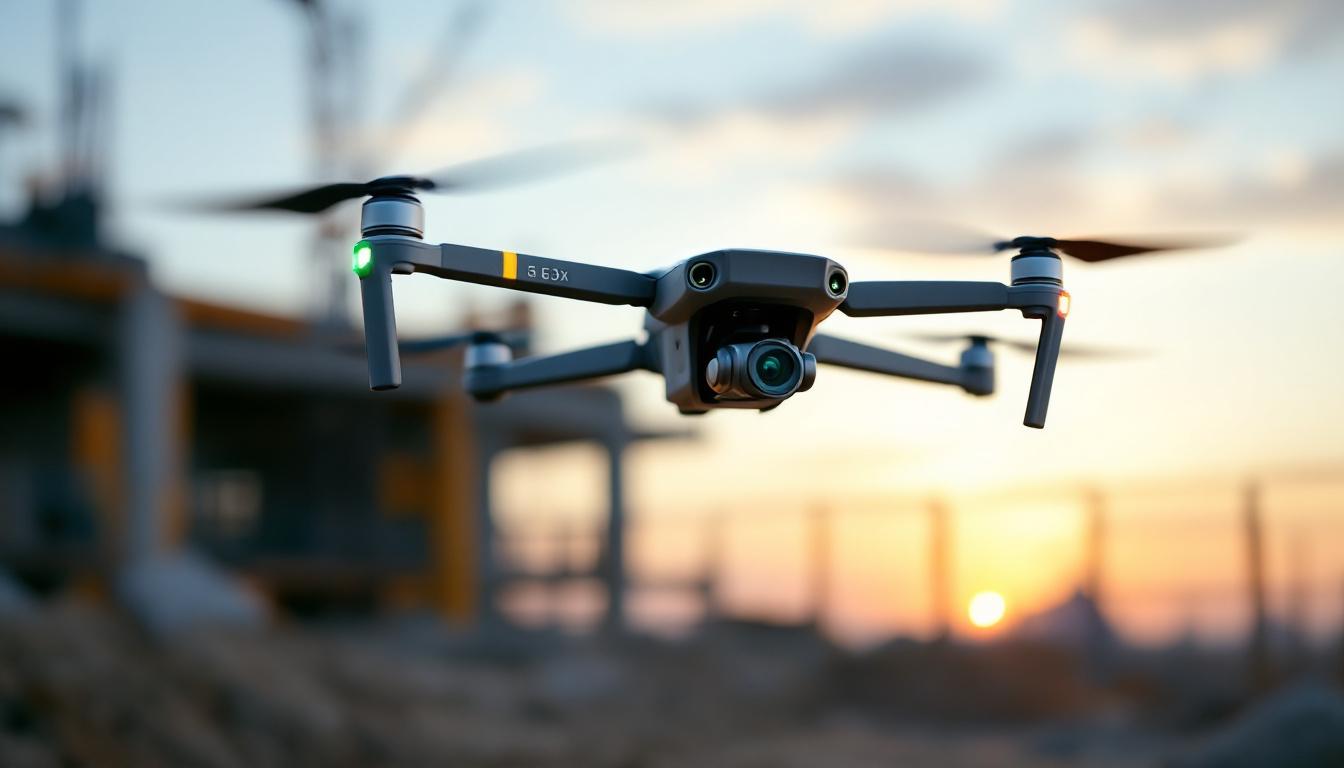 A photograph of a sleek industrial drone equipped with a high-resolution camera