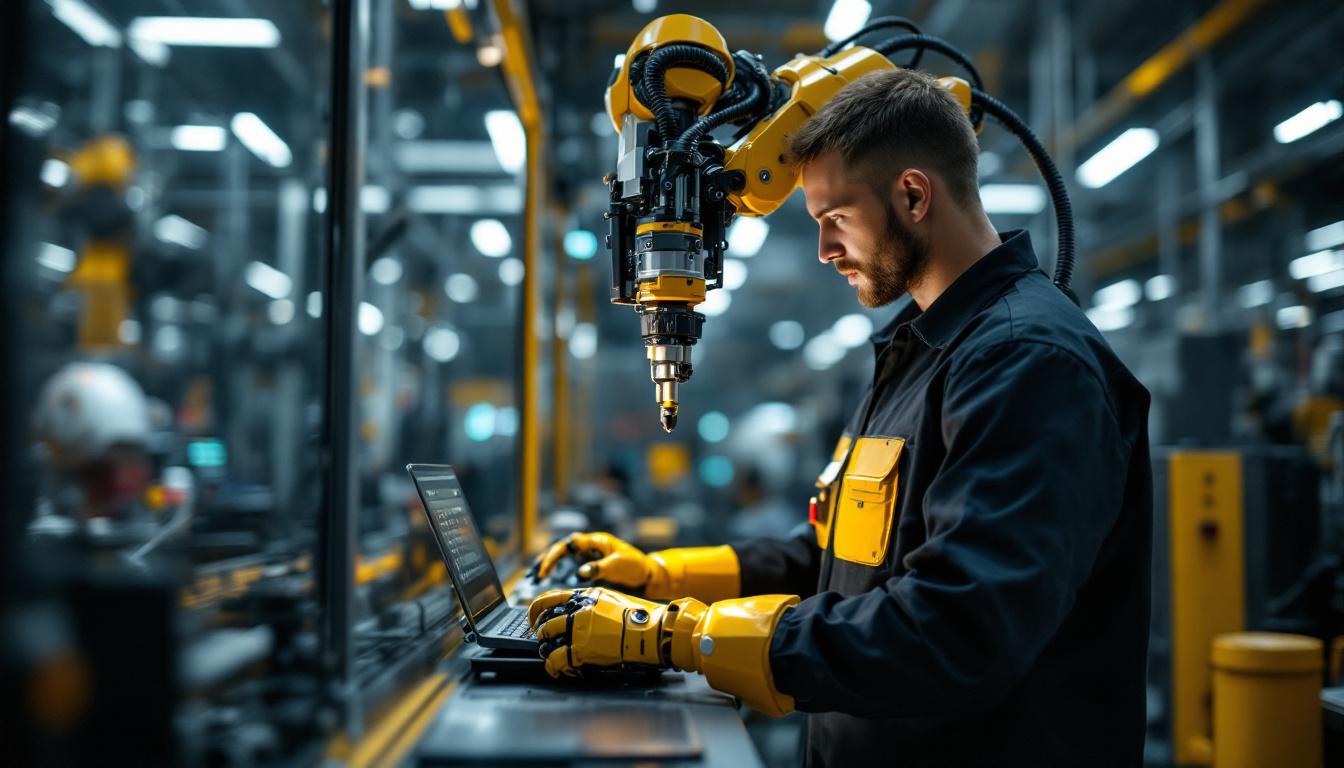 A photograph of a skilled technician programming an industrial robot in a modern manufacturing environment