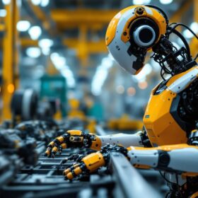 A photograph of a dynamic industrial robot in action within a manufacturing environment