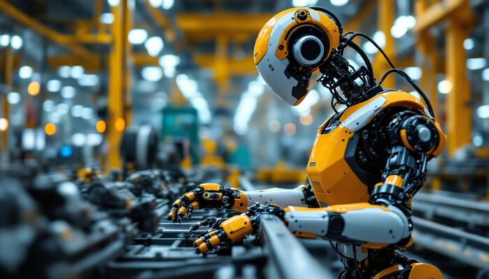 A photograph of a dynamic industrial robot in action within a manufacturing environment