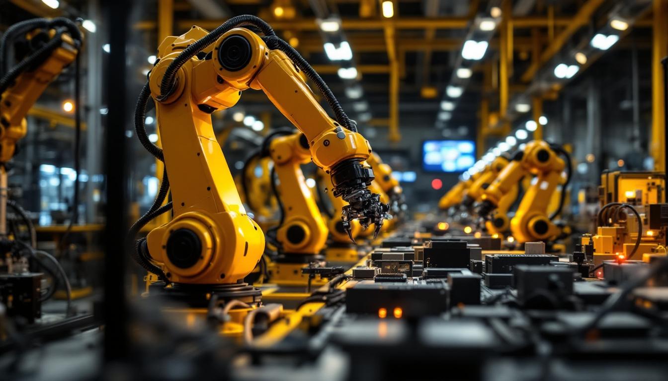 A photograph of capture a photograph of an industrial robotics workspace at global foundries headquarters