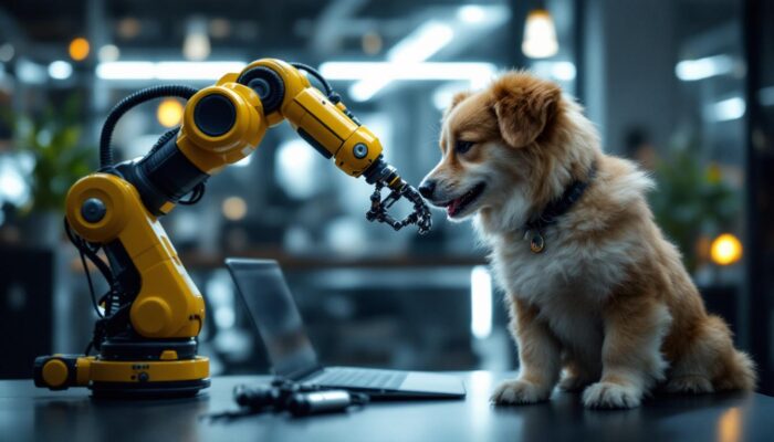 A photograph of a playful dog interacting with a sleek industrial robotic arm in a modern workspace