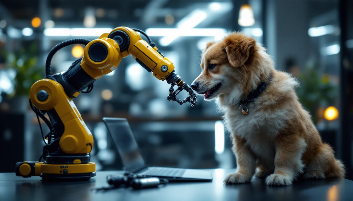 A photograph of a playful dog interacting with a sleek industrial robotic arm in a modern workspace