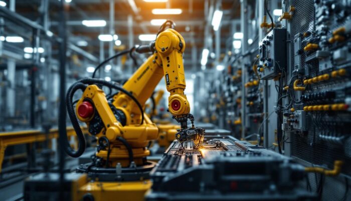 A photograph of capture a photograph of an industrial robotic arm performing precise electrical wiring tasks within a factory setting