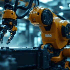 A photograph of a powerful industrial robot in action