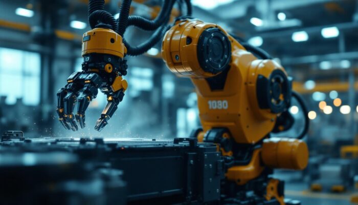 A photograph of a powerful industrial robot in action