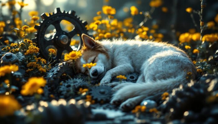 A photograph of a serene dreamscape featuring a peaceful dog sleeping amidst industrial elements