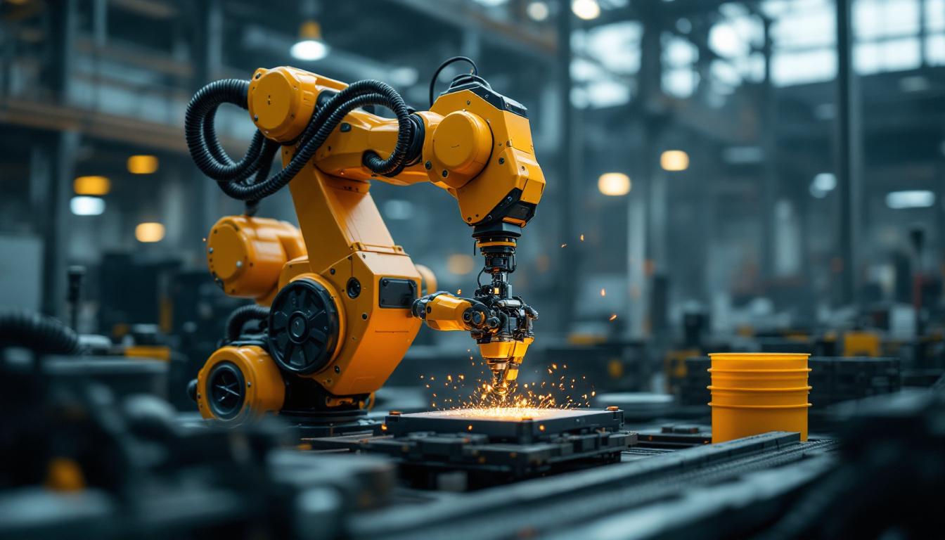 A photograph of a dynamic industrial robot in action within a manufacturing environment