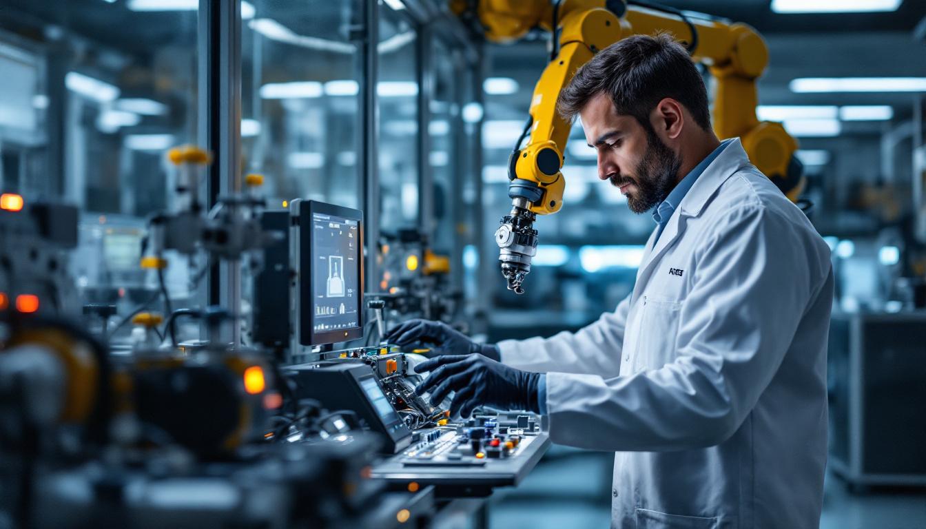 A photograph of a biomedical technician working on an industrial robotic system in a modern laboratory setting