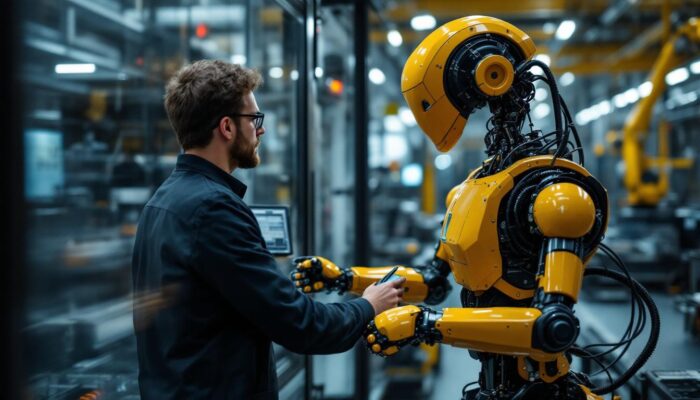 A photograph of a skilled technician programming or operating an industrial robot in a high-tech boston manufacturing facility