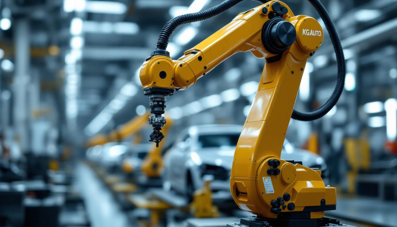 A photograph of capture a photograph of a sleek industrial robotic arm in action