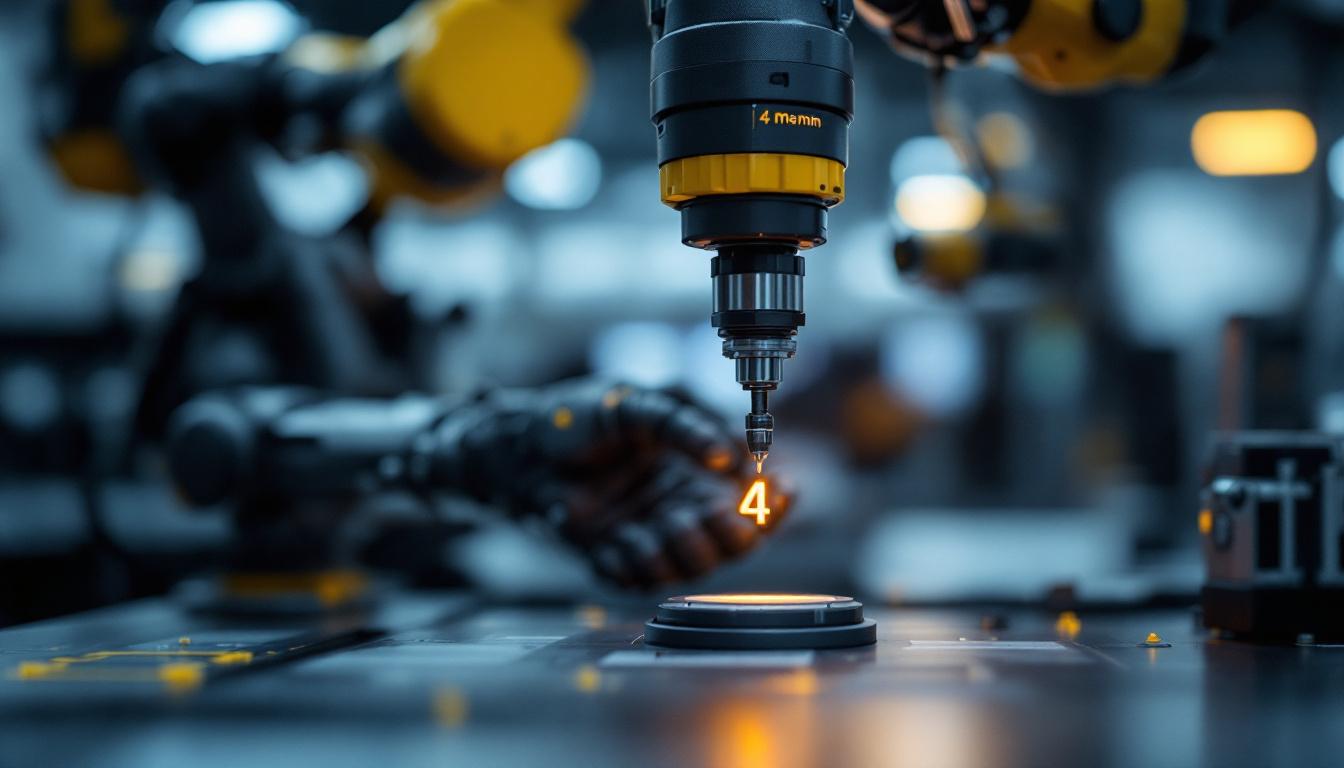A photograph of a close-up view of a precision industrial robotic arm manipulating a small object that measures exactly 4 millimeters