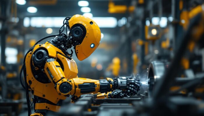 A photograph of capture a photograph of an industrial robot in action within a steel manufacturing facility