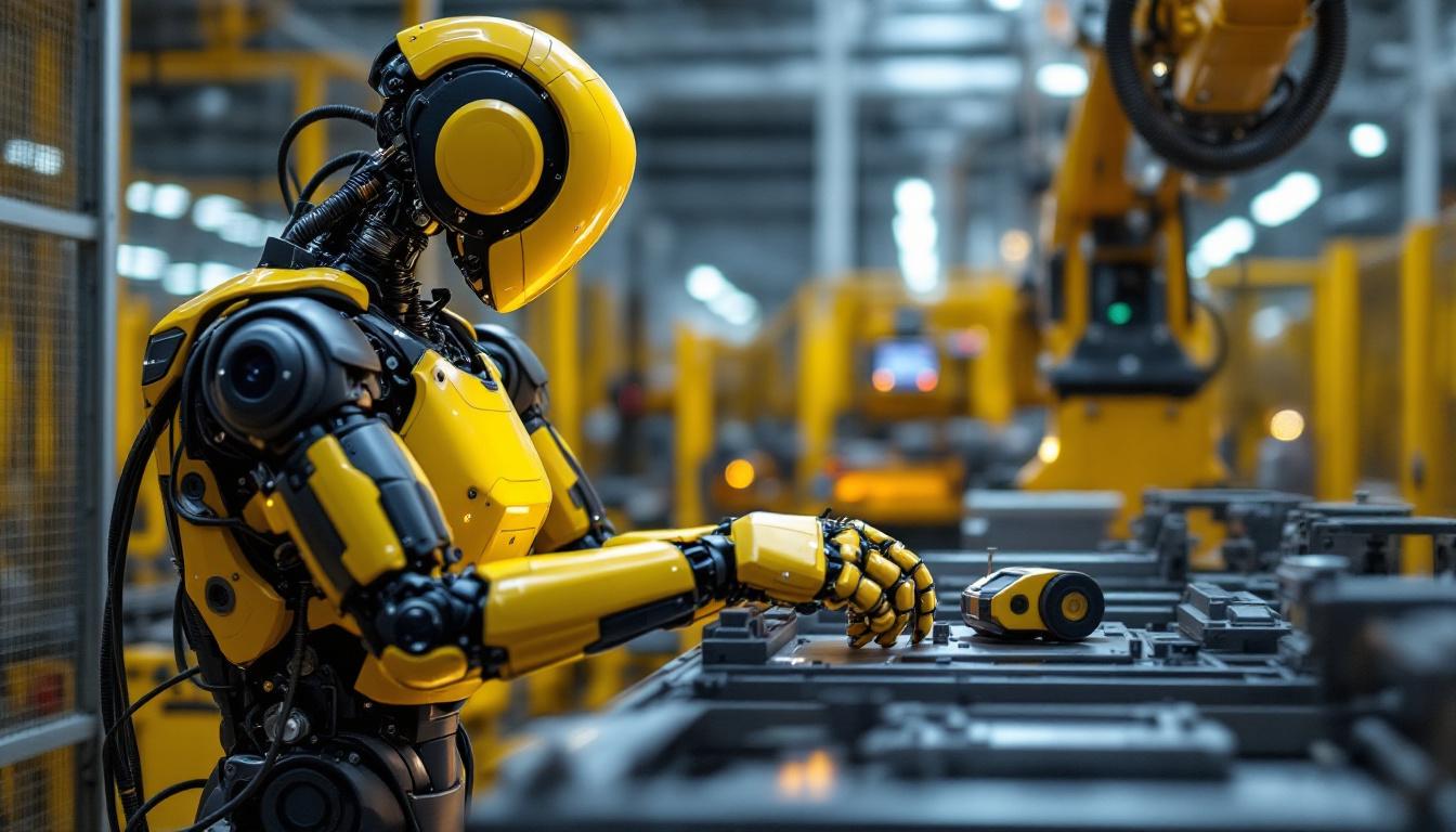 A photograph of capture a photograph of a sleek industrial robot in action within a manufacturing setting