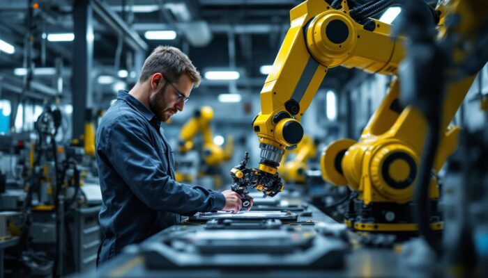 A photograph of a skilled technician working alongside an industrial robotic arm in a modern healthcare setting