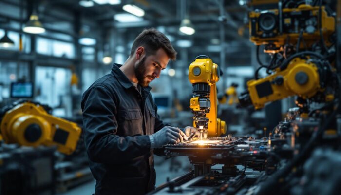 A photograph of a skilled engineer working on an industrial robotic arm in a modern workshop