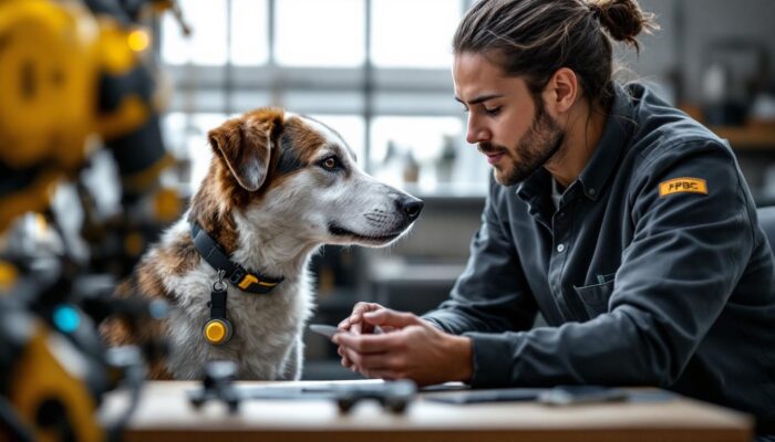A photograph of a skilled dog trainer working with a resource-guarding dog in a controlled environment