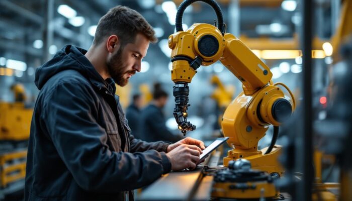 A photograph of a skilled technician programming or operating an industrial robot in a modern manufacturing environment