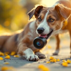 A photograph of a dog interacting playfully with a 360-degree camera in an outdoor setting