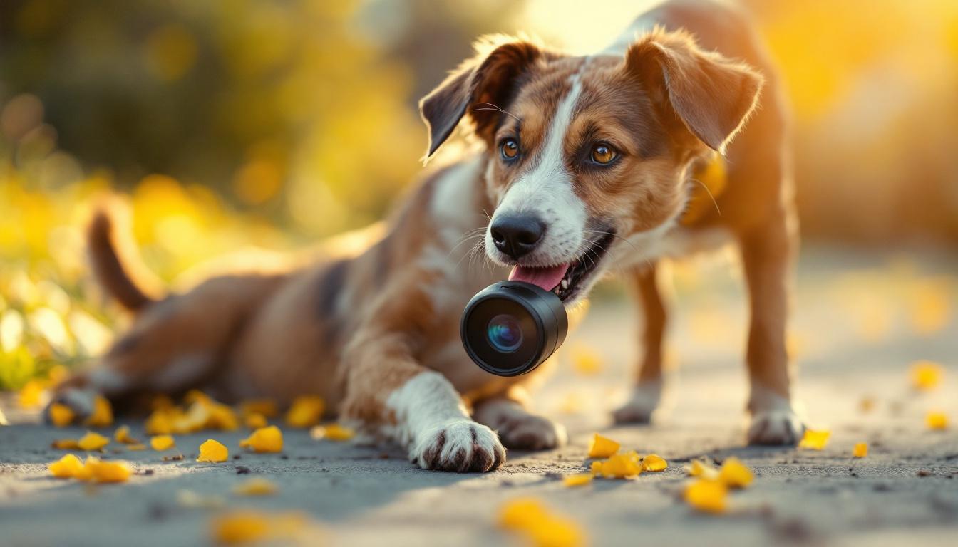 A photograph of a dog interacting playfully with a 360-degree camera in an outdoor setting
