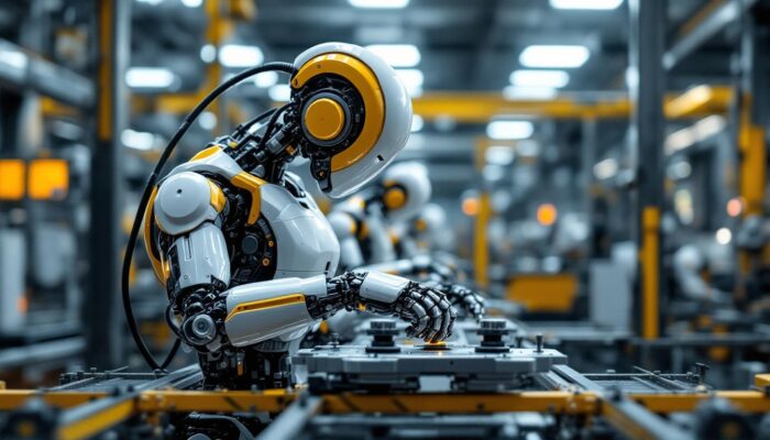 A photograph of a sleek industrial robot in action within a modern manufacturing environment