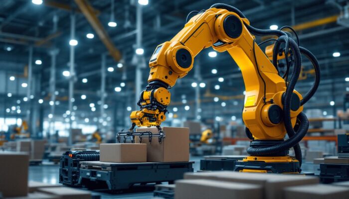 A photograph of a sleek industrial robotic arm in action