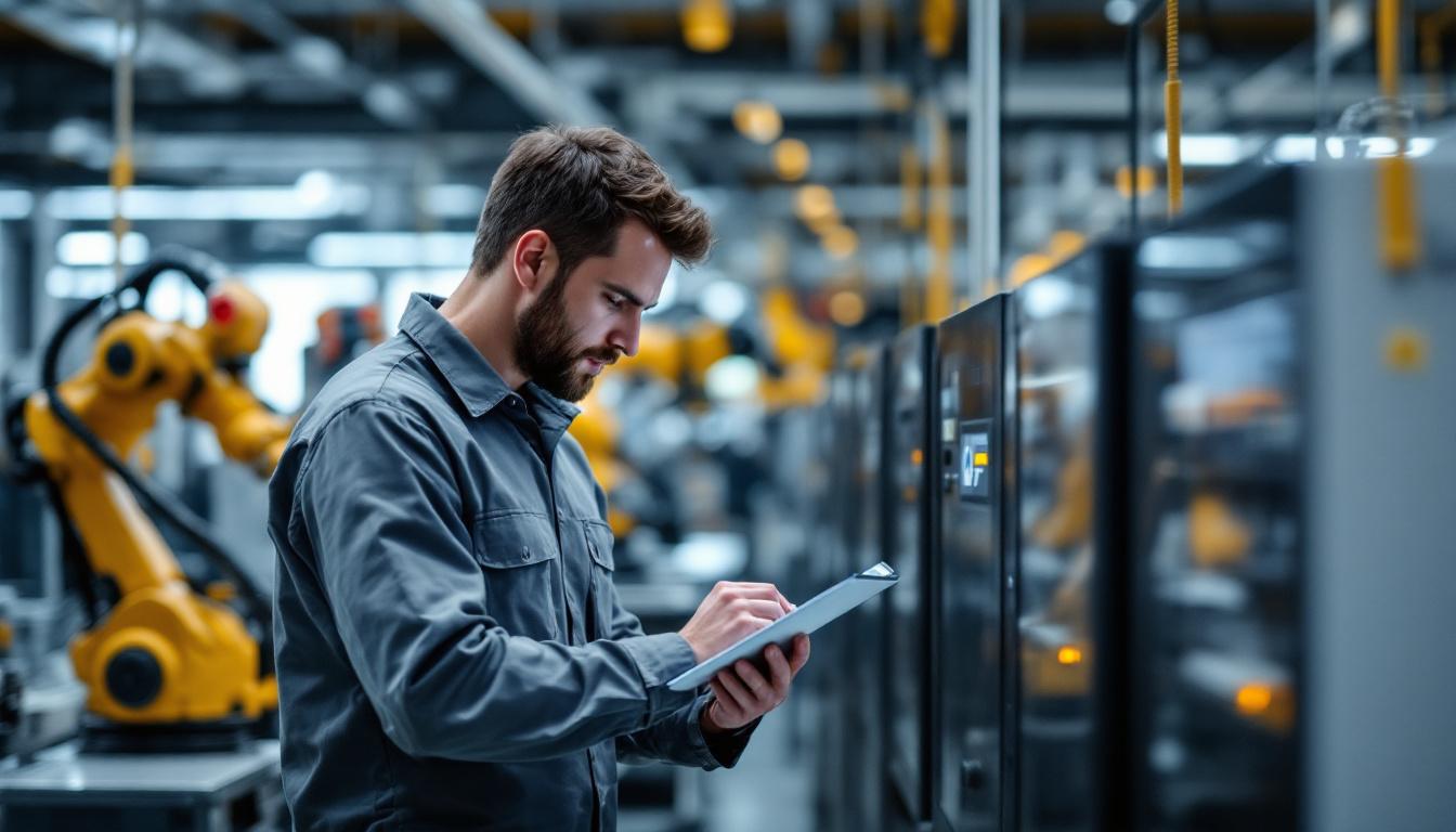A photograph of a technician inspecting an industrial hp printer in a modern workspace