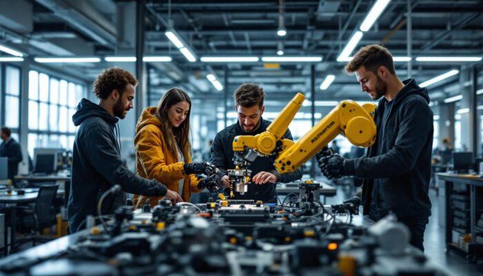 A photograph of a dynamic scene showcasing a diverse group of interns actively engaging with industrial robotic equipment in a modern workspace