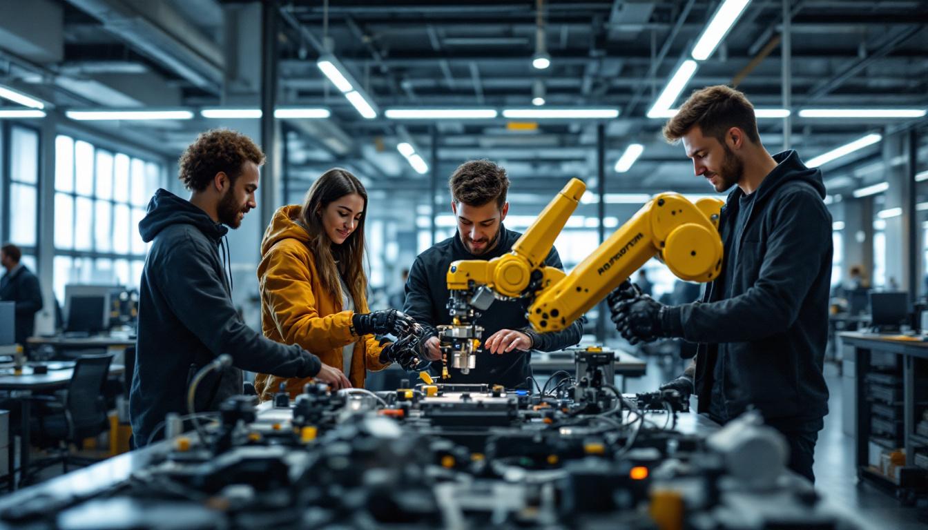 A photograph of a dynamic scene showcasing a diverse group of interns actively engaging with industrial robotic equipment in a modern workspace