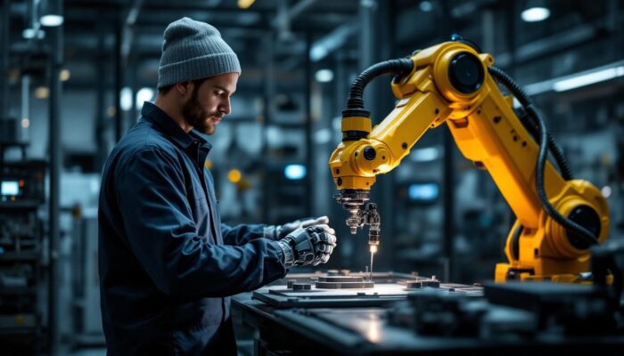 A photograph of a skilled technician operating a sophisticated industrial robotic arm in a modern medical device manufacturing facility