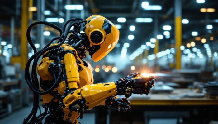 A photograph of a dynamic industrial robot in action within a boston manufacturing facility