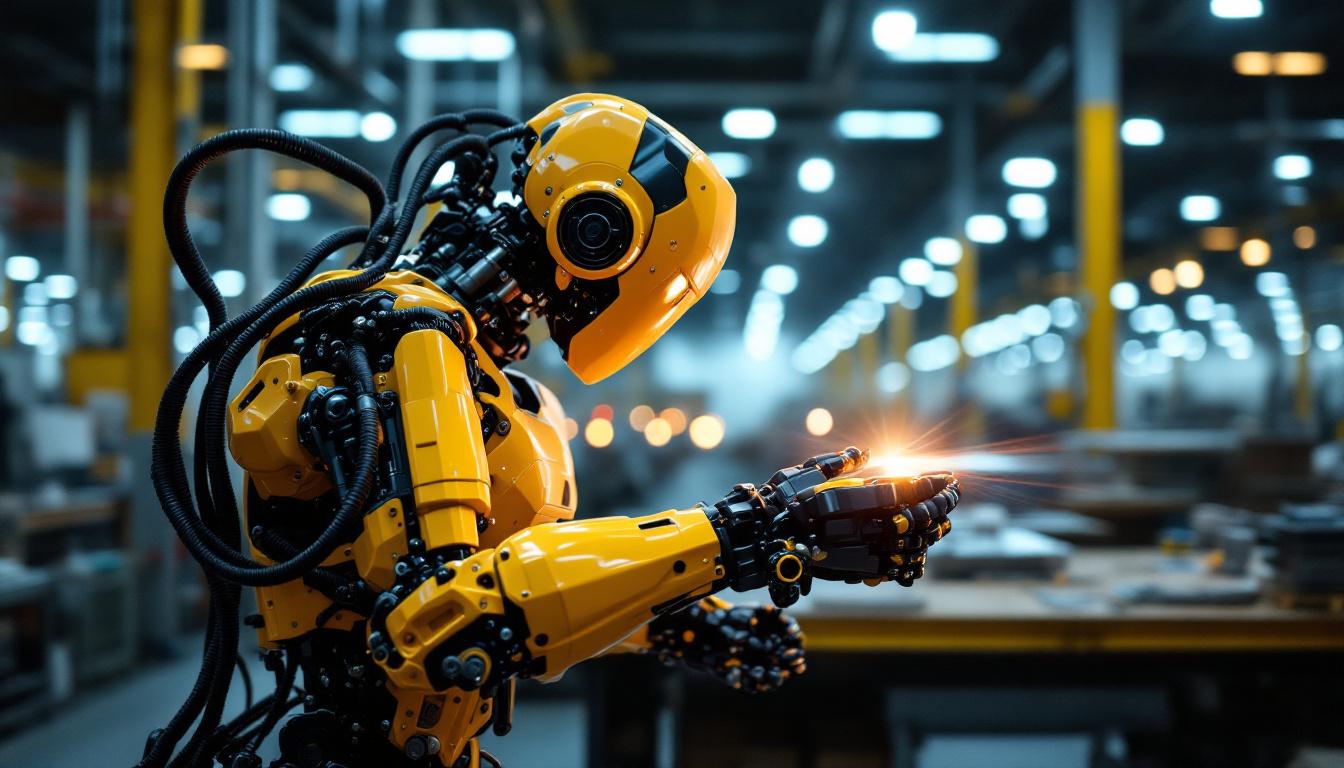 A photograph of a dynamic industrial robot in action within a boston manufacturing facility