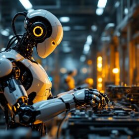 A photograph of a sleek industrial robot in action within a high-tech manufacturing environment