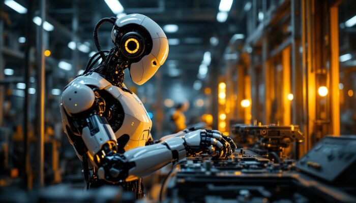 A photograph of a sleek industrial robot in action within a high-tech manufacturing environment