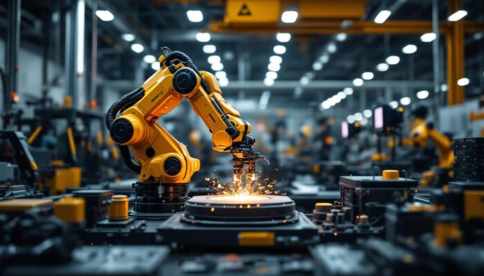 A photograph of a sleek industrial robotic arm in action within a modern manufacturing setting