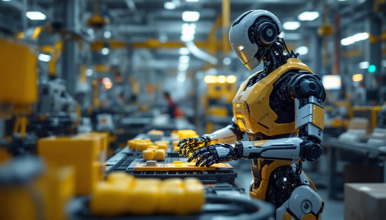 A photograph of a sleek industrial robot in action on a factory floor