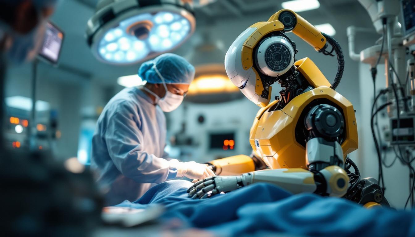 A photograph of capture a photograph of an industrial robot in action within a medical facility