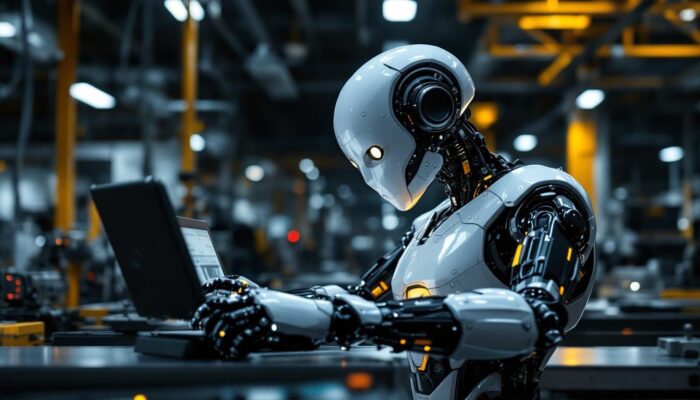 A photograph of a sleek industrial robot in action within a modern manufacturing environment