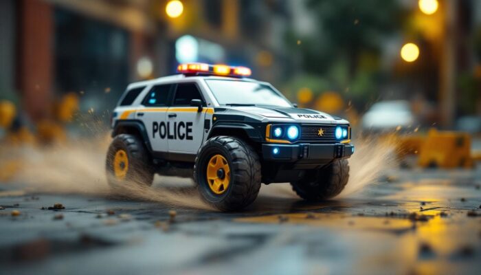 A photograph of a dynamic scene featuring a remote-controlled police car toy in action