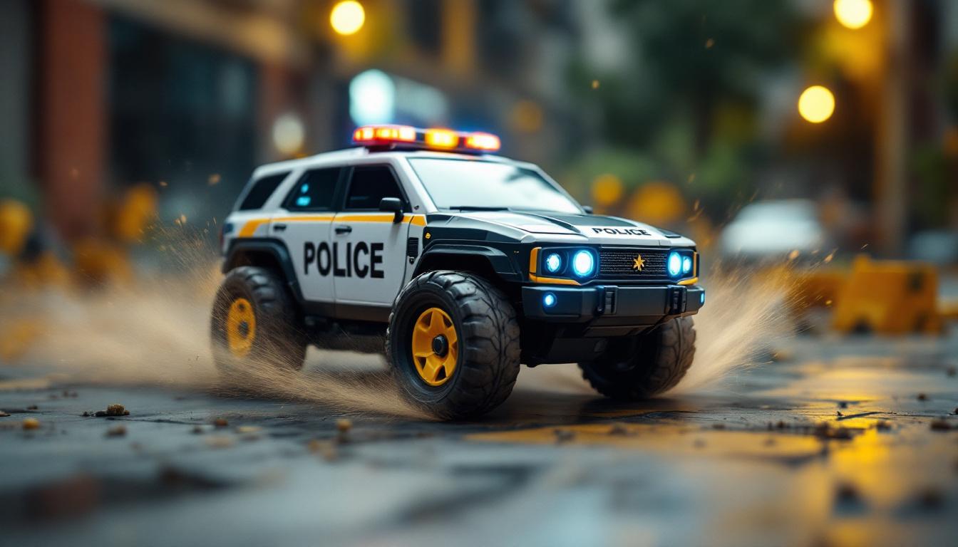 A photograph of a dynamic scene featuring a remote-controlled police car toy in action