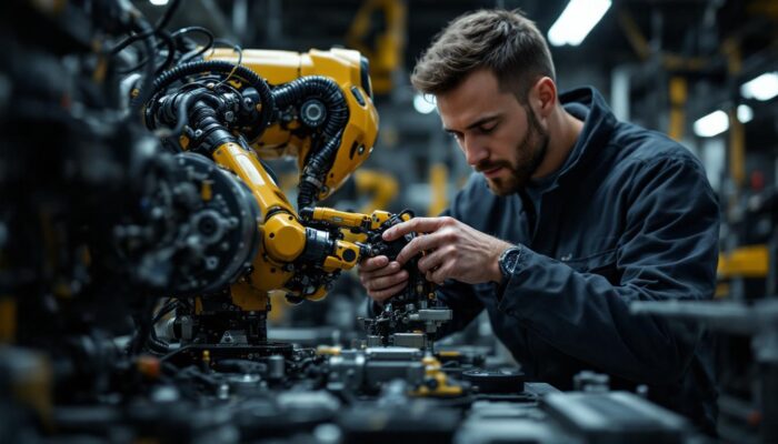 A photograph of a skilled robotics maintenance technician working on an industrial robot