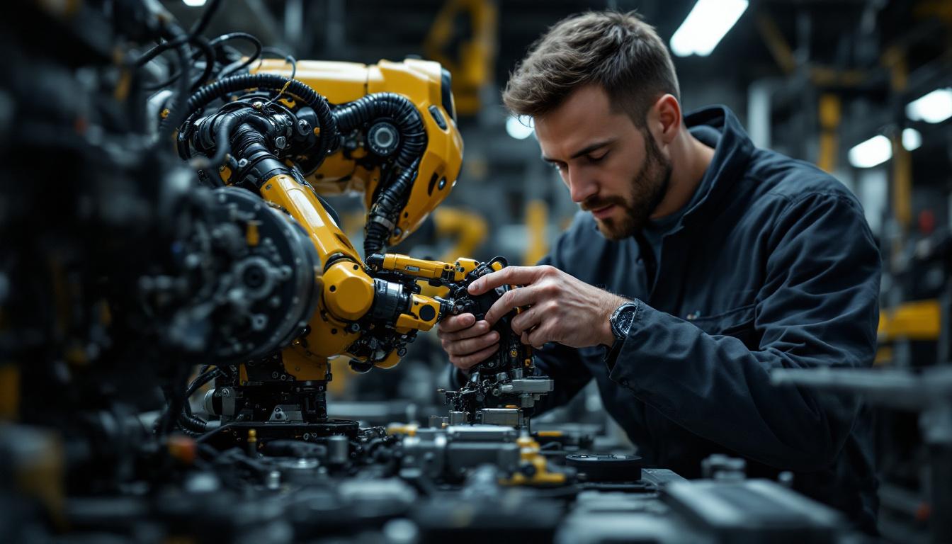 A photograph of a skilled robotics maintenance technician working on an industrial robot