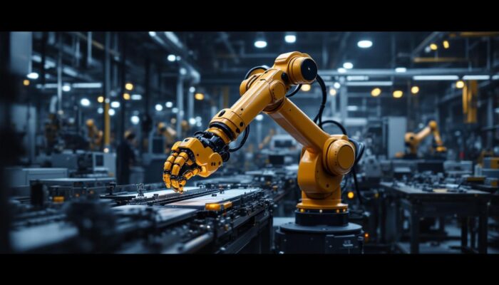 A photograph of a dynamic industrial setting featuring the a-spot robotic arm in action