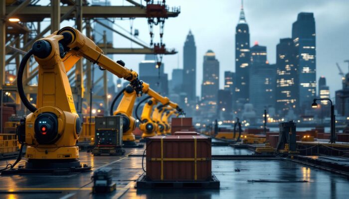 A photograph of a bustling boston port scene featuring industrial robots in action