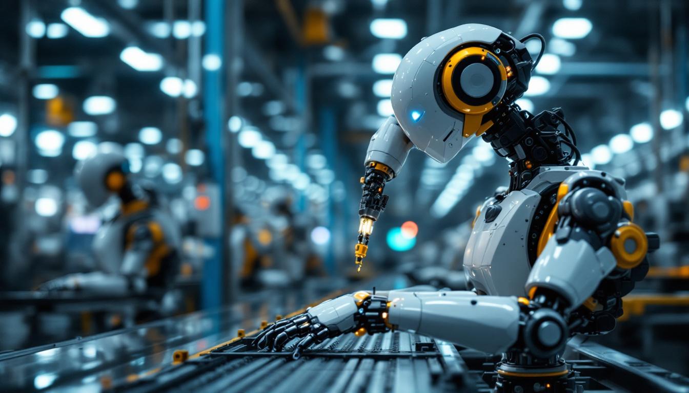 A photograph of a sleek industrial robot in action within a modern manufacturing environment