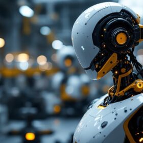 A photograph of a modern industrial robot in action
