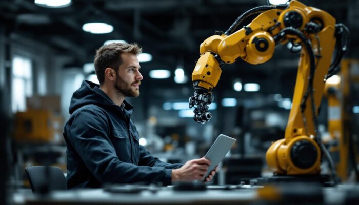 A photograph of a dynamic sales engineer engaging with an industrial robotic arm in a modern workspace