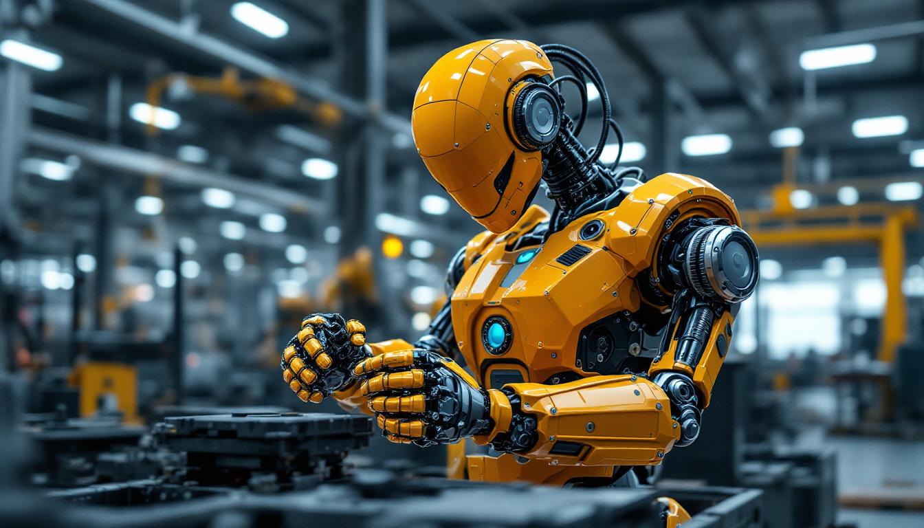 A photograph of a dynamic industrial robot in action within a manufacturing environment