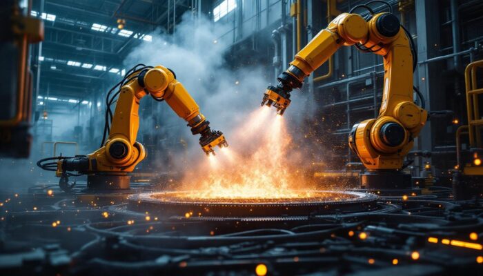 A photograph of a dynamic industrial setting where robotic arms are actively engaged in a fire suppression or prevention task