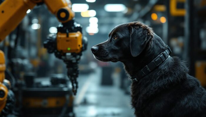 A photograph of a dog displaying protective behavior over a person in an industrial setting